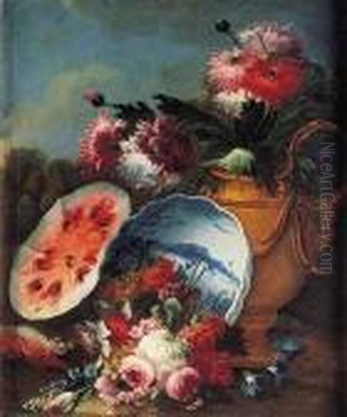Bodegon: Jarron De Flores, Cuenco De Ceramica Y Sandia En Un Paisaje - view 1