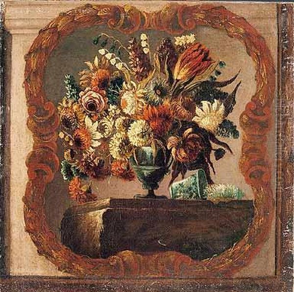 Serie De Nueve Floreros Sobre
Repisas Enmarcados Por Cartelas Vegetales Y Arquitectura Fingida - view 1
