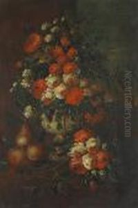 A Still Life With Fruit And Flowers In A Vase On A Ledge With A Landscape Beyond by Gasparo Lopez