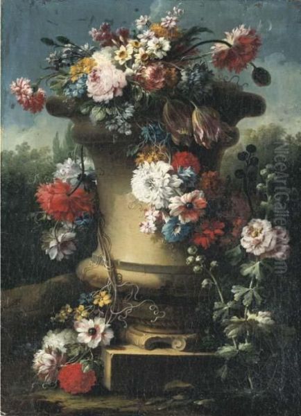 Narcissi, Tulips, Chrysanthemums, Roses And Other Flowers In Astone Urn With Hollyhocks - view 1