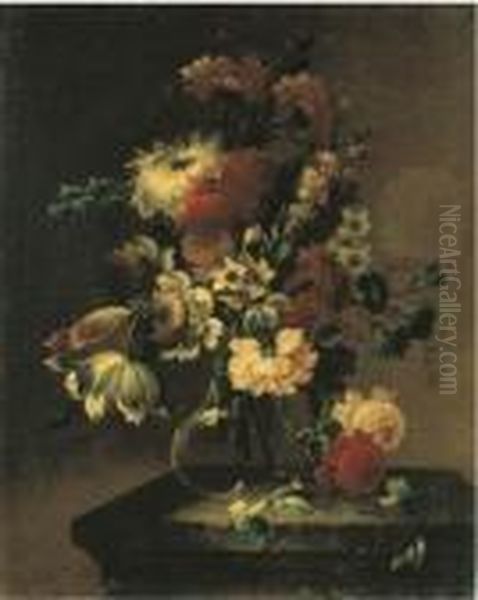 Rose, Campanule, Narcisi, 
Garofani E Altri Fiori In Un Vaso Di Vetro Su Un Piano Di Pietra - view 1