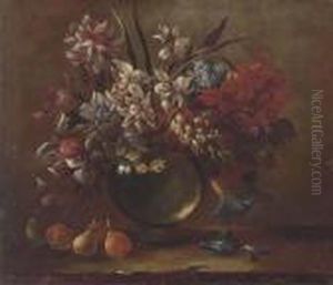 Tulips, Carnations, Convolvulus,
 Narcissi And Other Flowers In Aglass Vase On A Ledge With Pears