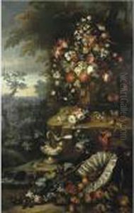 Still Life With A Basket Of Flowers, Fruit And Parrot