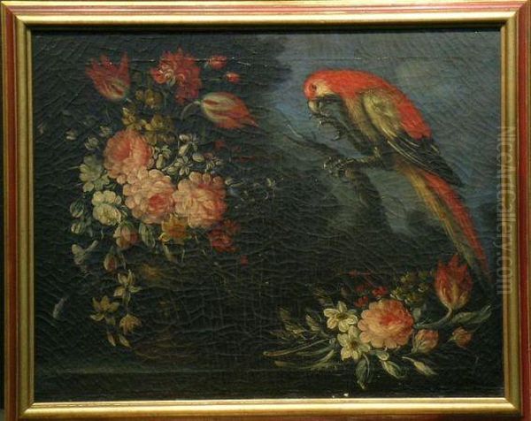 Roses And Tulips In A Landscape With Red Parrot - view 1