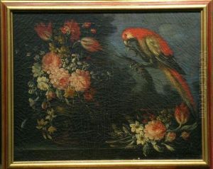 Roses And Tulips In A Landscape With Red Parrot by Gasparo Lopez