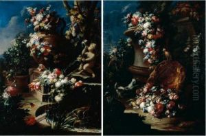 Still Lifes Of Garlands Of 
Flowers Adorning Statues, Urns And A Fountain In Garden Settings