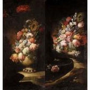 Still Lifes Of Various Flowers In Vases Resting On Flat Stones by Gasparo Lopez
