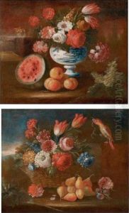 A) Cesto Di Fiori Con Prugne E Pere E Pappagallo - B) Vaso Di Fiori Con Cocomero E Mele by Gasparo Lopez