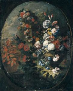 Still Life Of Mixed Flowers In A Classical Garden Setting by Gasparo Lopez