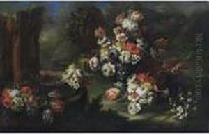 A Still Life With Tulips,
Hyacinths, French Marigolds, Daffodils, Poppy Anemones And Other Flowers
In A Silver Vase, Together With Tulips, Peonies, Snowballs, French
Marigolds, Poppy Anemones And Daffodils Near A Fountain, All In A Garden
Setting by Gasparo Lopez