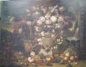Floral Still Life With Fruit In A Landscape by Gasparo Lopez