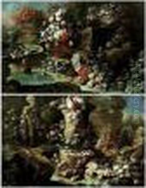 An Ornamental Garden With A
Still Life Of Flowers In Vases And Baskets, A Fountain Nearby - view 1