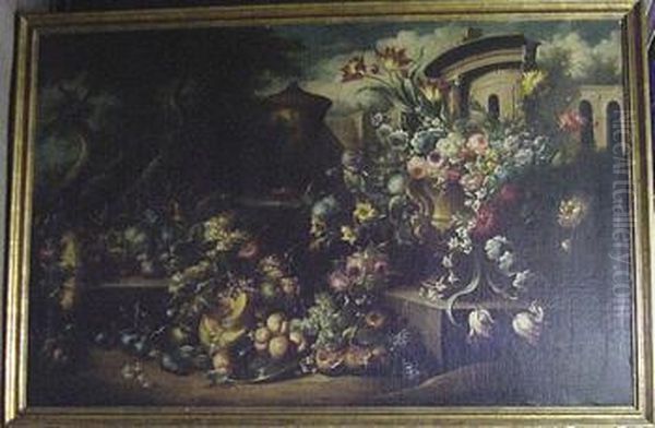 Still Life With Flowers And Fruit Amidst A Landscape - view 1