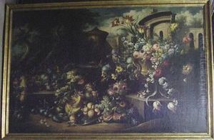 Still Life With Flowers And Fruit Amidst A Landscape
