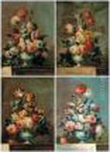 Still Lifes With Various Flowers In Porcelain Vases On Stone Ledges by Gasparo Lopez