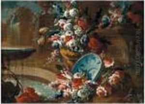 Still Life Of Flowers By A Fountain With A Peacock Beyond