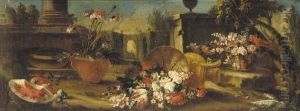 An Upturned Straw Basket With 
Carnations, Roses And Tulips With A Jug, Watermelon And A Further Basket
 Of Flowers Before A Pillar In A Formal Garden