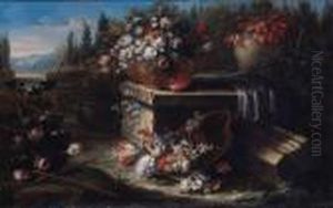 Still Life Of Mixed Flowers In A Bowl On A Draped Ledge