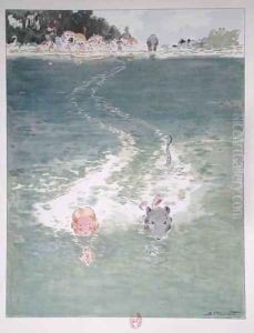 Alice and the Mouse Swimming in the Pool of Tears, illustration from Alice in Wonderland, published by Editions Delagrave, Paris, 1935 by Pecoud