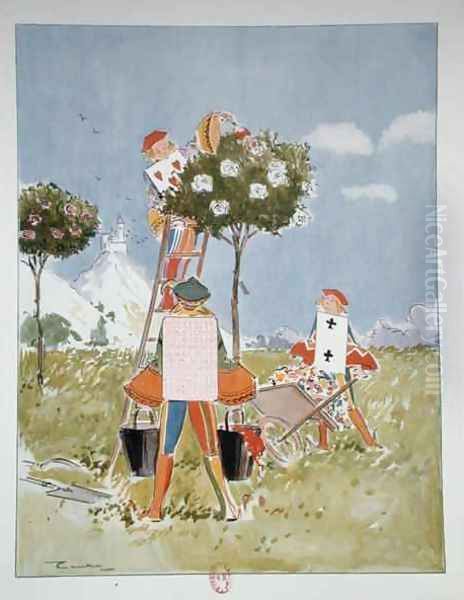 The gardeners painting the roses red, illustration from Alice in Wonderland by Lewis Carroll 1832-98, published by Editions Delagrave, Paris, 1935 - view 1