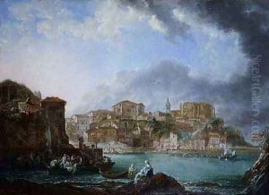 View of the harbour with figures in boats