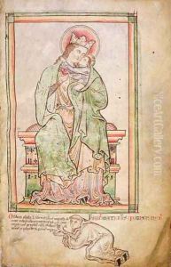 Roy 14 C VII f.6 Virgin and child above a self portrait of the artist kneeling in homage, from the Historia Anglorum, 1250 by Matthew Paris