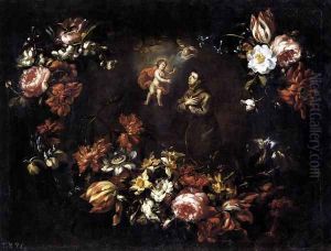 Garland of Flowers with St Anthony of Padua 1689 by Bartolome Perez