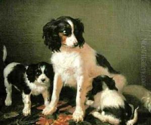 A spaniel with two puppies by Filippo Palizzi