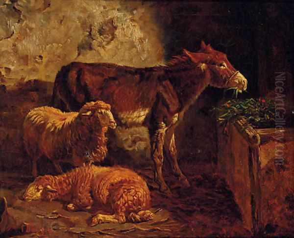 A donkey and sheep in a barn - view 1