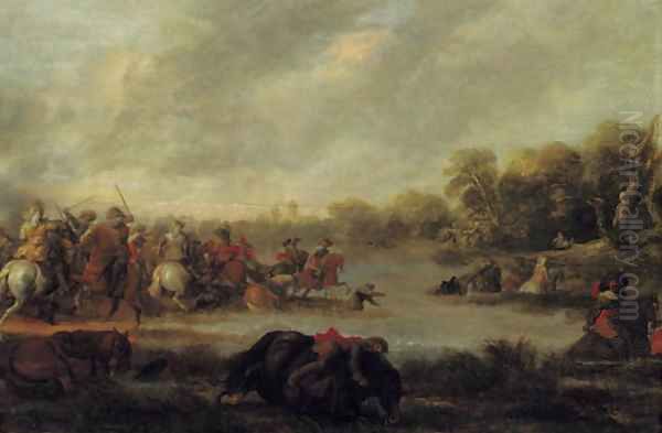 A cavalry skirmish by a river - view 1