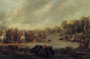 A cavalry skirmish by a river