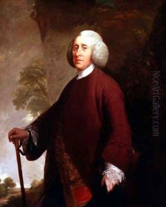 Portrait of a gentleman in a maroon coat and red and gold waistcoat by Robert Edge Pine
