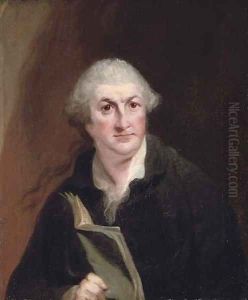 Portrait of David Garrick (1717-1779), half-length, in a black coat and wig, holding an open copy of Macbeth by Robert Edge Pine