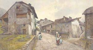 An Alpine village with a mother and her child returning home by John Pedder