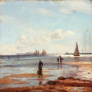 Coastal Scene With Fishermens' Wifes On The Beach At Halso by Holger Peter Svane Lubbers