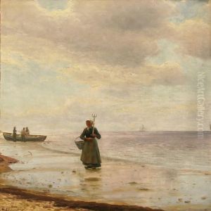 Coastal Scene With A Fisherman's
Wife And Three Fishermen,presumably From Skagen, Denmark by Holger Peter Svane Lubbers