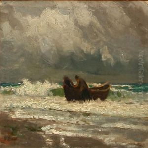 Two Fishermen Draws Their Rowboat Up On The Shore
