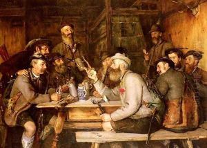 Die Herzoglich Nassauische Jagerei Zu Mittenwald. Portraitgruppe Von Zehn Um Einen Tisch Versammelten Gebirgsjagern (The Nassau Dukes Hunting in the Middle of the Forest. Portrait Group of Ten Mountain Hunters gathered round a Table.) by Friedrich Anton Otto Prolss