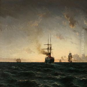 Seascape With A Steamer And Sailing Ships In The Eveningsun Seascape With A Steamer And Sailing Ships In The Eveningsun