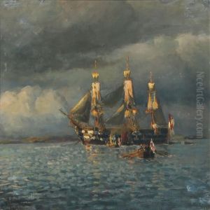 English Warship At Anchor Where The Crew Has Gone To Theboats