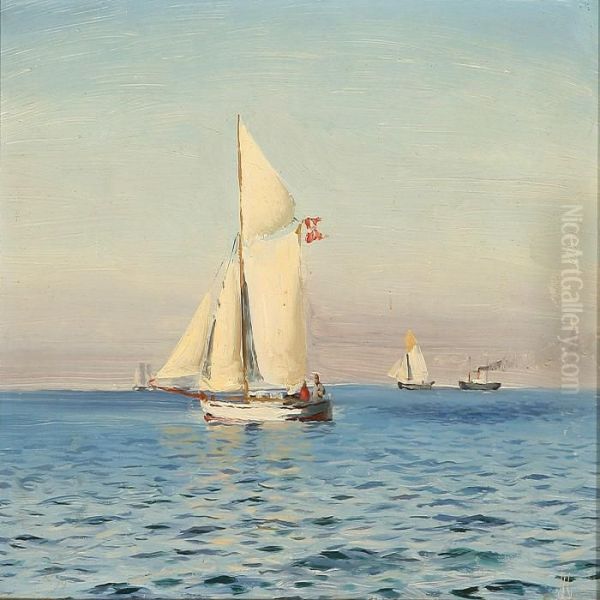 Marine With A Sailing Boat And Other Ships On A Quiet Summer's Day - view 1