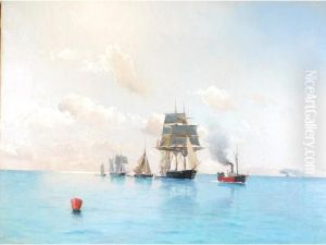 A Line Of Sailing Vessels Being Towed By A Steam Tug On A Calm Day A Line Of Sailing Vessels Being Towed By A Steam Tug On A Calm Day