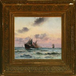 Seascape With Motor Ship And Sailing Ship Off Lighthouse by Holger Peter Svane Lubbers