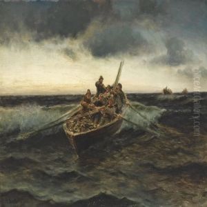 Marine With Fishermen In A Rowing Boat by Holger Peter Svane Lubbers