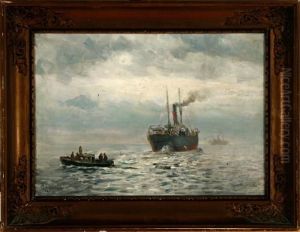 Lubbers: A Marine With A Steam Ship On Open Sea. Signed And Dated H. Lubbers 1923 by Holger Peter Svane Lubbers