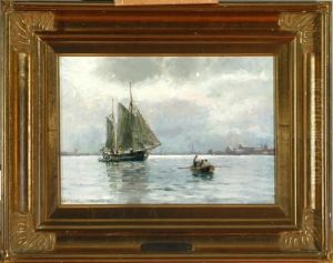 A Marine With A Two-mastered Schooner Plus Two Bumboats In Copenhagen Harbour by Holger Peter Svane Lubbers