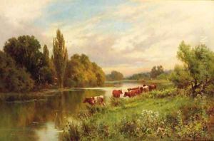 Cattle watering by a tranquil river by Henry Hillier Parker