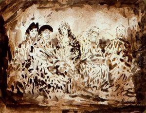 Dos Caballeros, Una Joven Con Mantilla, Un Anciano Y Un Personaje De Espaldas
