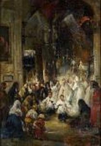 A Church Interior With Figures by Eugenio Lucas Villamil