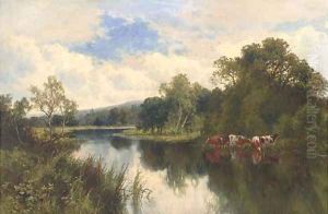 Cattle watering on a summer's day by Henry Hillier Parker